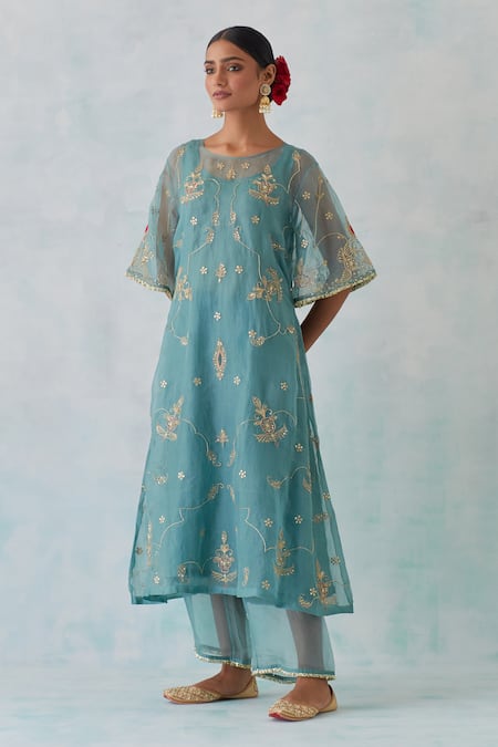 Ikshita Choudhary Blue Chanderi, Tissue Sequins, Beads, Zari, Floral Kurta And Flared Pant Set Online at Aza Fashions Ikshita Choudhary_Blue Chanderi, Tissue Sequins, Beads, Zari, Floral Kurta And Flared Pant Set _Online_at_Aza_Fashions