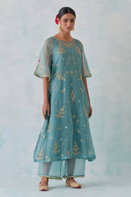 Buy Ikshita Choudhary Blue Chanderi, Tissue Sequins, Beads, Zari, Floral Kurta And Flared Pant Set Online at Aza Fashions Buy_Ikshita Choudhary_Blue Chanderi, Tissue Sequins, Beads, Zari, Floral Kurta And Flared Pant Set _Online_at_Aza_Fashions