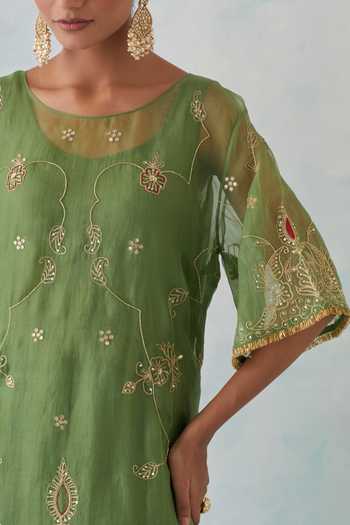 Shop_Ikshita Choudhary_Green Chanderi, Tissue Sequins, Beads, Zari, Thread Kurta And Flared Pant Set _Online_at_Aza_Fashions