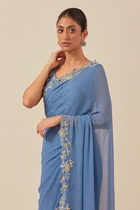 Shop_Ikshita Choudhary_Blue Chanderi, Chiffon, Satin Cut Work, Floral Cutwork Border Saree With Blouse _Online_at_Aza_Fashions