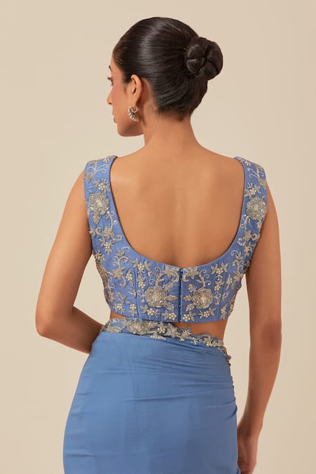 Buy_Ikshita Choudhary_Blue Chanderi, Chiffon, Satin Cut Work, Floral Cutwork Border Saree With Blouse 