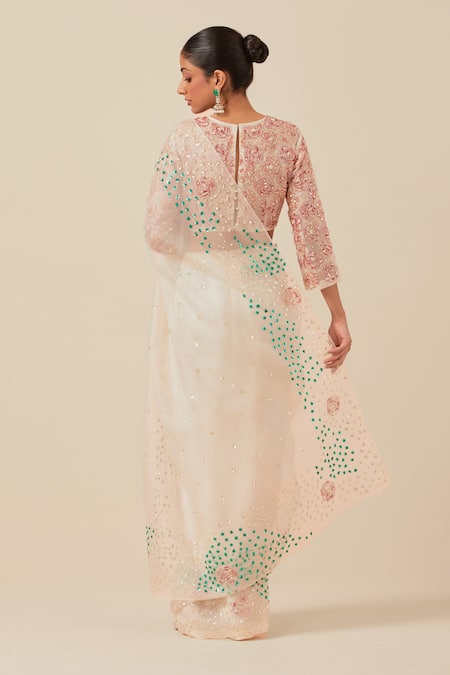 Shop Ikshita Choudhary Multi Color Organza, Chanderi, Satin Sequins, Cut Embroidered Saree With Blouse at Aza Fashions Shop_Ikshita Choudhary_Multi Color Organza, Chanderi, Satin Sequins, Cut Embroidered Saree With Blouse _at_Aza_Fashions