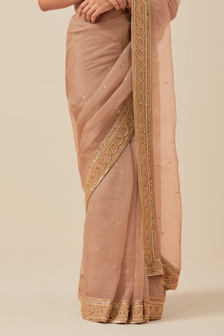 Ikshita Choudhary Beige Organza Embroidery Sequin Boat Neck Border Saree With Blouse  4