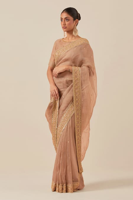 Ikshita Choudhary Beige Organza Embroidery Sequin Boat Neck Border Saree With Blouse  5