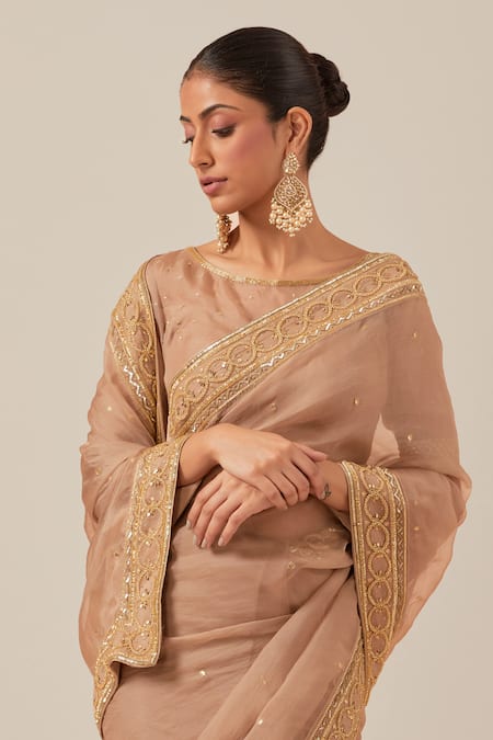 Ikshita Choudhary Beige Organza Embroidery Sequin Boat Neck Border Saree With Blouse  6