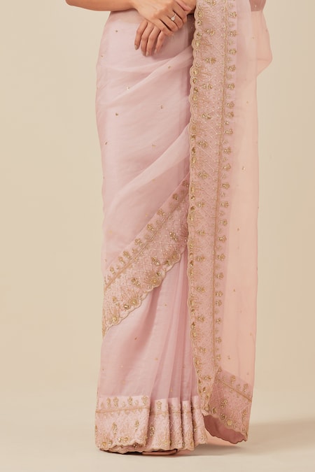 Ikshita Choudhary Pink Organza, Crepe, Satin Checkered Border Embroidered Saree With Blouse Online at Aza Fashions Ikshita Choudhary_Pink Organza, Crepe, Satin Checkered Border Embroidered Saree With Blouse _Online_at_Aza_Fashions