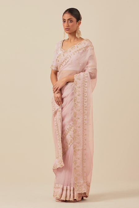 Shop Ikshita Choudhary Pink Organza, Crepe, Satin Checkered Border Embroidered Saree With Blouse Online at Aza Fashions Shop_Ikshita Choudhary_Pink Organza, Crepe, Satin Checkered Border Embroidered Saree With Blouse _Online_at_Aza_Fashions