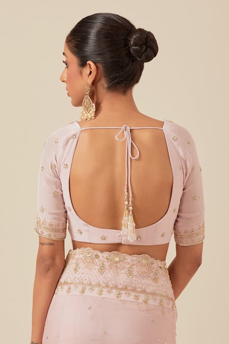 Buy Ikshita Choudhary Pink Organza, Crepe, Satin Checkered Border Embroidered Saree With Blouse Buy_Ikshita Choudhary_Pink Organza, Crepe, Satin Checkered Border Embroidered Saree With Blouse