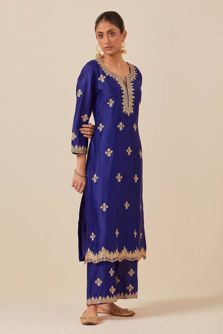 Buy Ikshita Choudhary Blue Chanderi Silk, Tissue Embroidery, Sequins, Beads Split V-neck Kurta Set Online at Aza Fashions Buy_Ikshita Choudhary_Blue Chanderi Silk, Tissue Embroidery, Sequins, Beads Split V-neck Kurta Set _Online_at_Aza_Fashions
