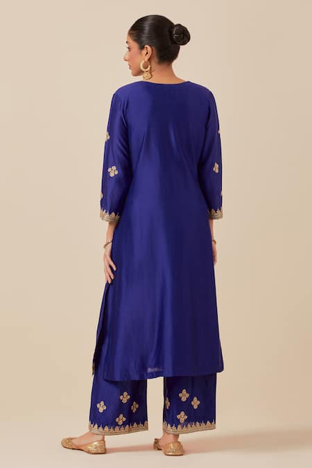 Shop Ikshita Choudhary Blue Chanderi Silk, Tissue Embroidery, Sequins, Beads Split V-neck Kurta Set at Aza Fashions Shop_Ikshita Choudhary_Blue Chanderi Silk, Tissue Embroidery, Sequins, Beads Split V-neck Kurta Set _at_Aza_Fashions