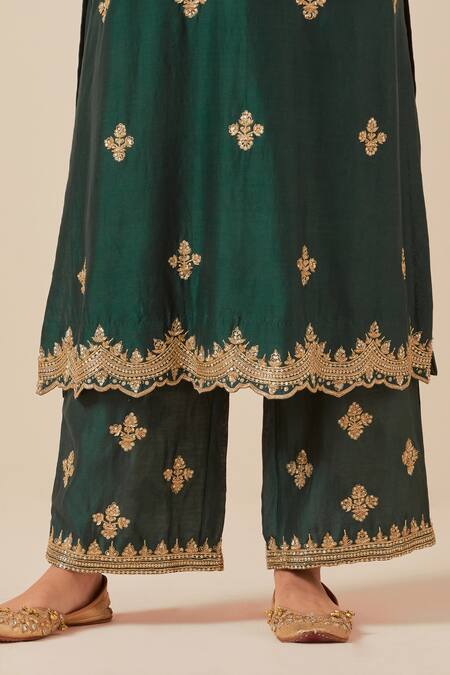 Buy Ikshita Choudhary Green Chanderi Silk Cut Work, Embroidery Split Floral Kurta And Flared Pant Set Online at Aza Fashions Buy_Ikshita Choudhary_Green Chanderi Silk Cut Work, Embroidery Split Floral Kurta And Flared Pant Set _Online_at_Aza_Fashions