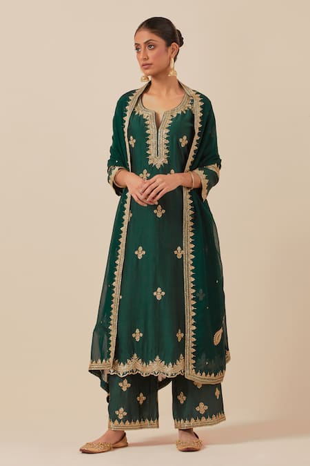 Ikshita Choudhary Green Chanderi Silk, Tissue, Organza Beads, Sequins, Cut Work, Floral Kurta Set