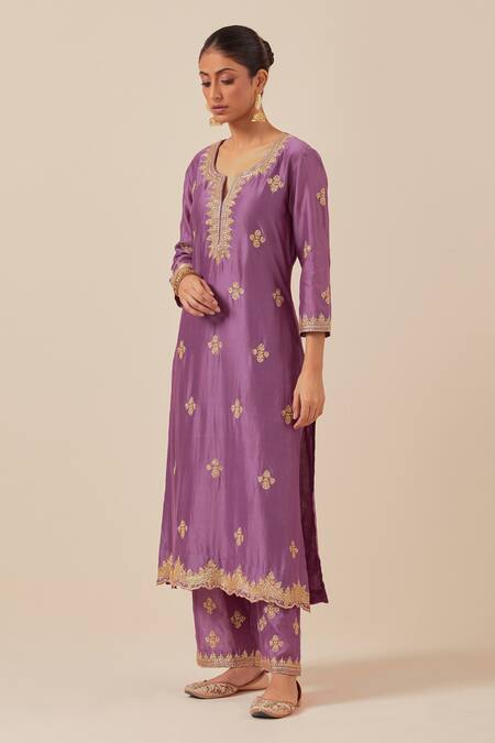Buy_Ikshita Choudhary_Purple Chanderi Silk, Tissue, Organza Cut Work, Sequins, Beads, Kurta Set_Online_at_Aza_Fashions