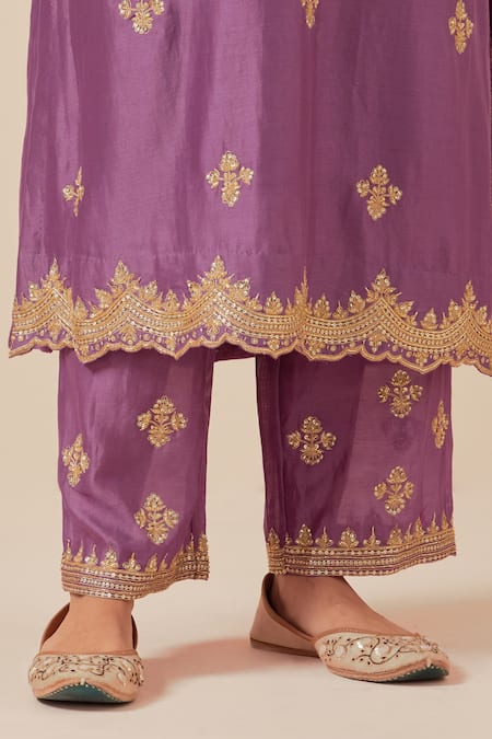 Shop_Ikshita Choudhary_Purple Chanderi Silk, Tissue, Organza Cut Work, Sequins, Beads, Kurta Set_Online_at_Aza_Fashions