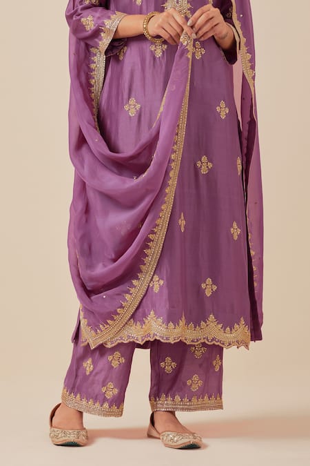 Buy_Ikshita Choudhary_Purple Chanderi Silk, Tissue, Organza Cut Work, Sequins, Beads, Kurta Set