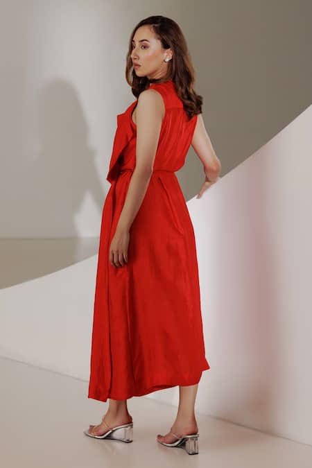 Shop Kavya Singh Kundu Red Handloom Cotton, Silk V-neck Dione Handwoven Mulberry Dress at Aza Fashions Shop_Kavya Singh Kundu_Red Handloom Cotton, Silk V-neck Dione Handwoven Mulberry Dress _at_Aza_Fashions