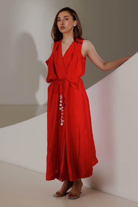 Shop Kavya Singh Kundu Red Handloom Cotton, Silk V-neck Dione Handwoven Mulberry Dress Online at Aza Fashions Shop_Kavya Singh Kundu_Red Handloom Cotton, Silk V-neck Dione Handwoven Mulberry Dress _Online_at_Aza_Fashions