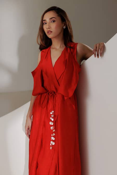 Kavya Singh Kundu Red Handloom Cotton, Silk V-neck Dione Handwoven Mulberry Dress at Aza Fashions Kavya Singh Kundu_Red Handloom Cotton, Silk V-neck Dione Handwoven Mulberry Dress _at_Aza_Fashions