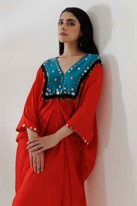 Buy Kavya Singh Kundu Red Handloom Cotton Embroidery V-neck Anka Handwoven Mulberry Silk Kaftan Online at Aza Fashions Buy_Kavya Singh Kundu_Red Handloom Cotton Embroidery V-neck Anka Handwoven Mulberry Silk Kaftan _Online_at_Aza_Fashions