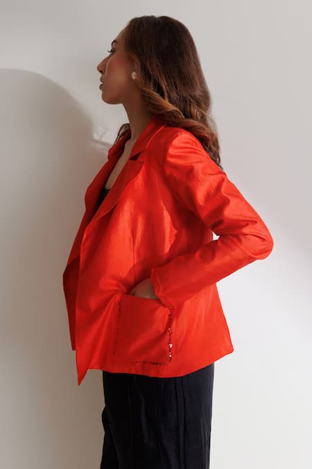 Shop Kavya Singh Kundu Red Handloom Cotton Embroidery Azra Handwoven Mulberry Silk Blazer at Aza Fashions Shop_Kavya Singh Kundu_Red Handloom Cotton Embroidery Azra Handwoven Mulberry Silk Blazer _at_Aza_Fashions