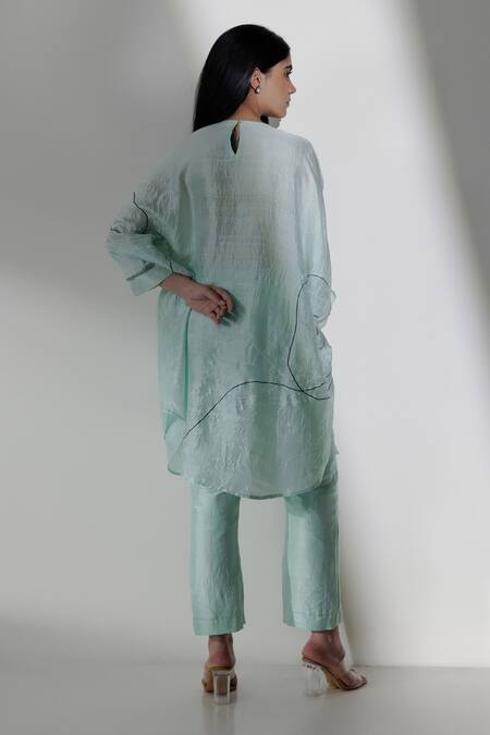 Shop Kavya Singh Kundu Blue Silk Beads Round Neck Celeste Placement Embroidered Tunic With Trouser at Aza Fashions Shop_Kavya Singh Kundu_Blue Silk Beads Round Neck Celeste Placement Embroidered Tunic With Trouser _at_Aza_Fashions