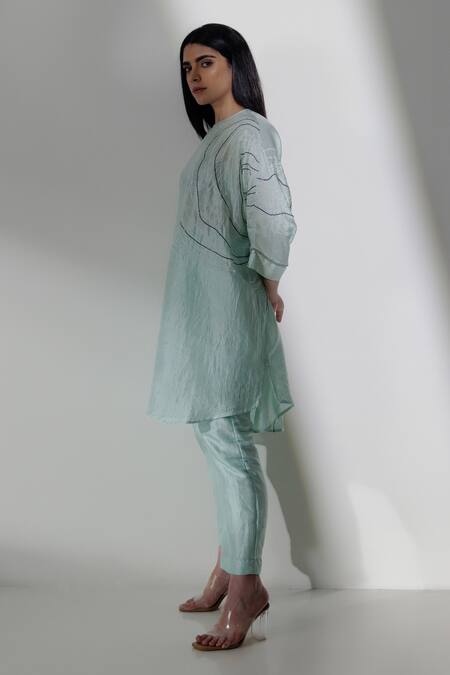 Kavya Singh Kundu Blue Silk Beads Round Neck Celeste Placement Embroidered Tunic With Trouser Online at Aza Fashions Kavya Singh Kundu_Blue Silk Beads Round Neck Celeste Placement Embroidered Tunic With Trouser _Online_at_Aza_Fashions