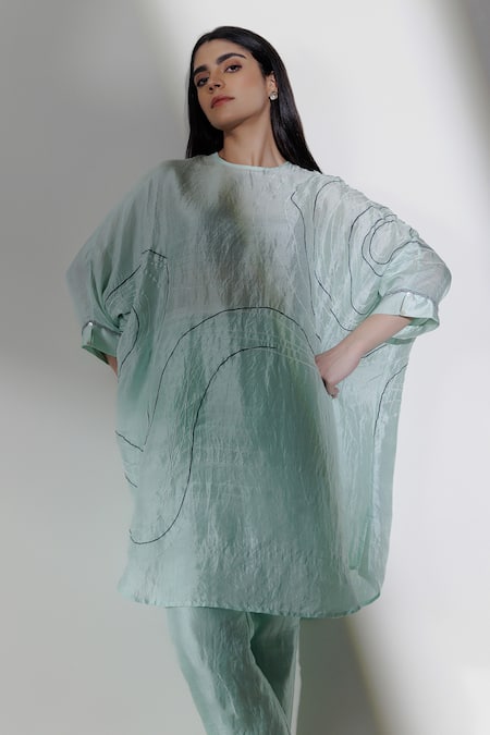 Buy Kavya Singh Kundu Blue Silk Beads Round Neck Celeste Placement Embroidered Tunic With Trouser Online at Aza Fashions Buy_Kavya Singh Kundu_Blue Silk Beads Round Neck Celeste Placement Embroidered Tunic With Trouser _Online_at_Aza_Fashions