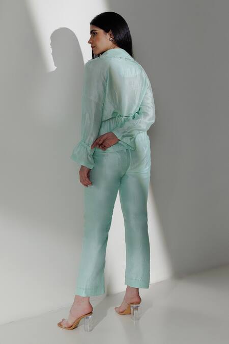 Shop Kavya Singh Kundu Blue Rhinestones Collared Embroidered Top With Trouser at Aza Fashions Shop_Kavya Singh Kundu_Blue Rhinestones Collared Embroidered Top With Trouser _at_Aza_Fashions