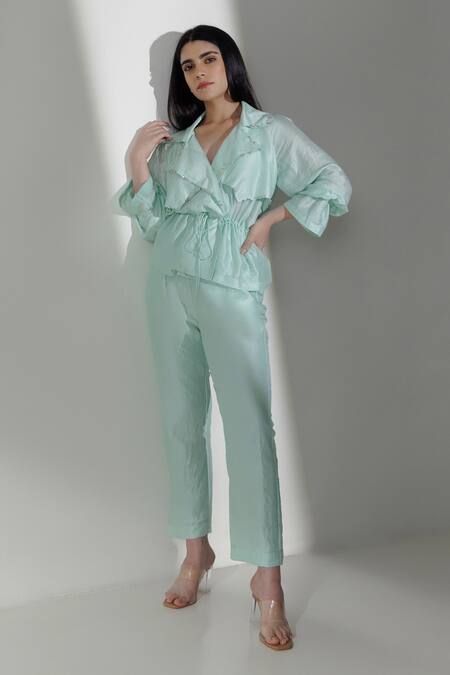 Kavya Singh Kundu Blue Rhinestones Collared Embroidered Top With Trouser Online at Aza Fashions Kavya Singh Kundu_Blue Rhinestones Collared Embroidered Top With Trouser _Online_at_Aza_Fashions