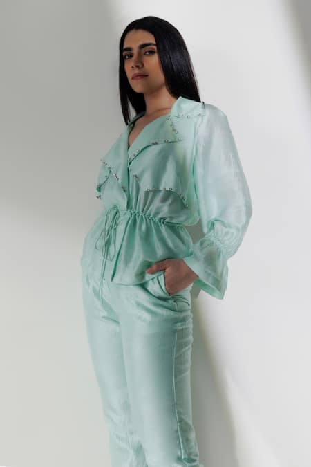 Buy Kavya Singh Kundu Blue Rhinestones Collared Embroidered Top With Trouser Online at Aza Fashions Buy_Kavya Singh Kundu_Blue Rhinestones Collared Embroidered Top With Trouser _Online_at_Aza_Fashions