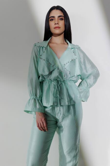 Shop Kavya Singh Kundu Blue Rhinestones Collared Embroidered Top With Trouser Online at Aza Fashions Shop_Kavya Singh Kundu_Blue Rhinestones Collared Embroidered Top With Trouser _Online_at_Aza_Fashions