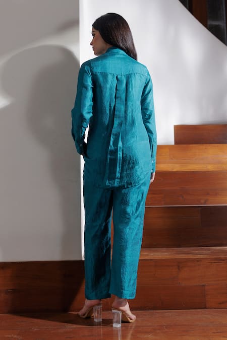 Shop Kavya Singh Kundu Blue Silk Rhinestones Calypso Handwoven Mulberry Shirt With Trouser at Aza Fashions Shop_Kavya Singh Kundu_Blue Silk Rhinestones Calypso Handwoven Mulberry Shirt With Trouser _at_Aza_Fashions