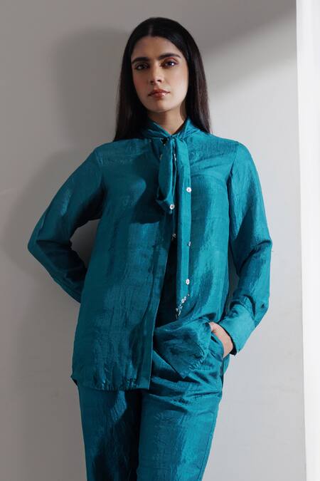 Kavya Singh Kundu Blue Silk Rhinestones Calypso Handwoven Mulberry Shirt With Trouser Online at Aza Fashions Kavya Singh Kundu_Blue Silk Rhinestones Calypso Handwoven Mulberry Shirt With Trouser _Online_at_Aza_Fashions