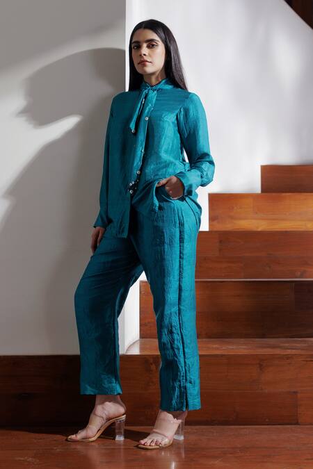 Buy Kavya Singh Kundu Blue Silk Rhinestones Calypso Handwoven Mulberry Shirt With Trouser Online at Aza Fashions Buy_Kavya Singh Kundu_Blue Silk Rhinestones Calypso Handwoven Mulberry Shirt With Trouser _Online_at_Aza_Fashions