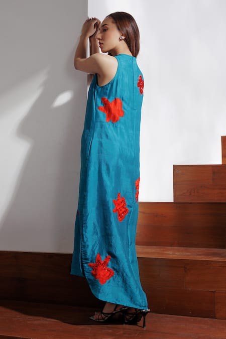 Shop Kavya Singh Kundu Blue Handloom Cotton Applique Round Neck Astra Handwoven Mulberry Silk Dress at Aza Fashions Shop_Kavya Singh Kundu_Blue Handloom Cotton Applique Round Neck Astra Handwoven Mulberry Silk Dress _at_Aza_Fashions