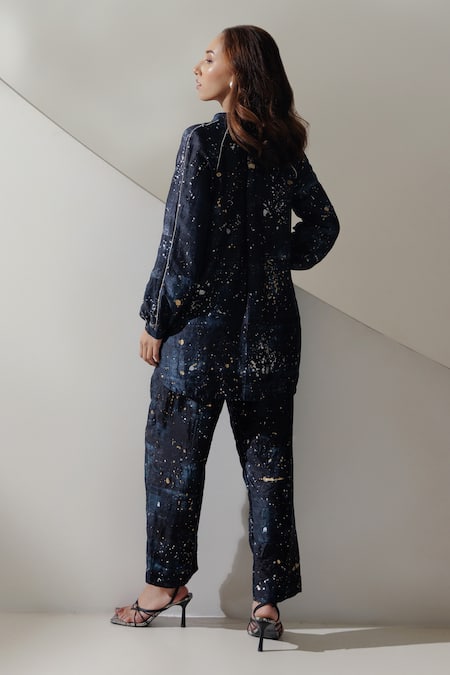 Shop Kavya Singh Kundu Black Handloom Cotton, Silk Jupiter Handwoven Mulberry Shirt With Trouser at Aza Fashions Shop_Kavya Singh Kundu_Black Handloom Cotton, Silk Jupiter Handwoven Mulberry Shirt With Trouser _at_Aza_Fashions