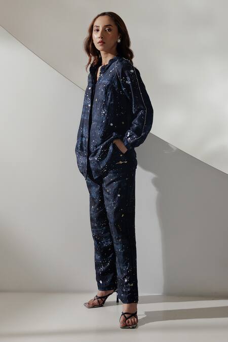 Kavya Singh Kundu Black Handloom Cotton, Silk Jupiter Handwoven Mulberry Shirt With Trouser Online at Aza Fashions Kavya Singh Kundu_Black Handloom Cotton, Silk Jupiter Handwoven Mulberry Shirt With Trouser _Online_at_Aza_Fashions