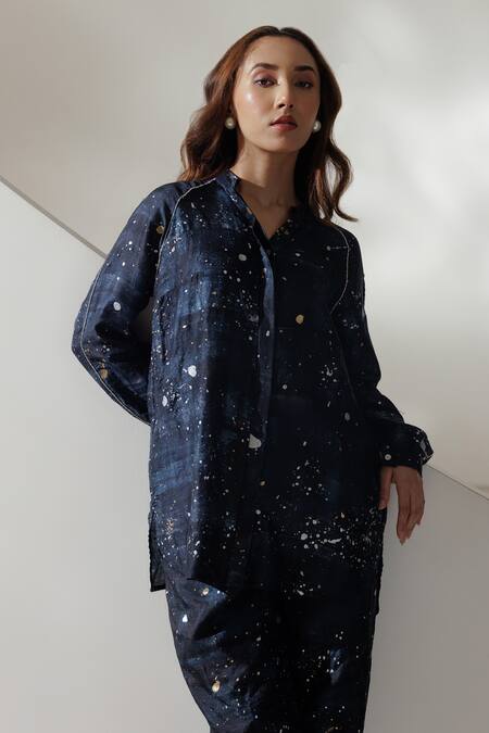 Shop Kavya Singh Kundu Black Handloom Cotton, Silk Jupiter Handwoven Mulberry Shirt With Trouser Online at Aza Fashions Shop_Kavya Singh Kundu_Black Handloom Cotton, Silk Jupiter Handwoven Mulberry Shirt With Trouser _Online_at_Aza_Fashions