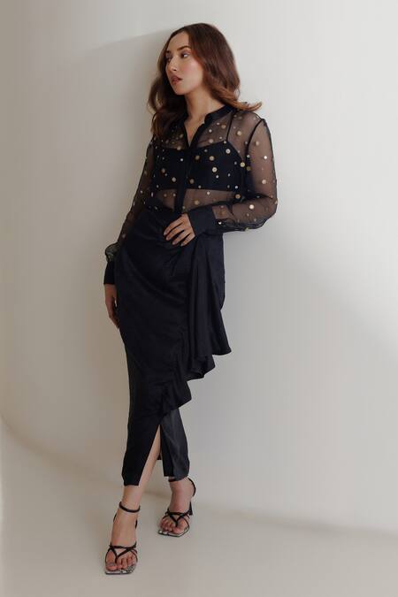 Shop Kavya Singh Kundu Black Organza Sequins Split V-neck Luna Shirt at Aza Fashions Shop_Kavya Singh Kundu_Black Organza Sequins Split V-neck Luna Shirt _at_Aza_Fashions