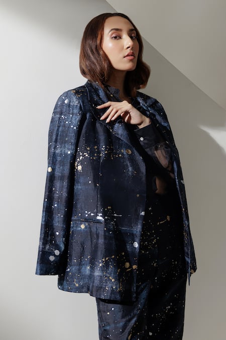 Shop Kavya Singh Kundu Black Silk, Handloom Cotton Nova Handwoven Mulberry Blazer With Trouser Online at Aza Fashions Shop_Kavya Singh Kundu_Black Silk, Handloom Cotton Nova Handwoven Mulberry Blazer With Trouser _Online_at_Aza_Fashions