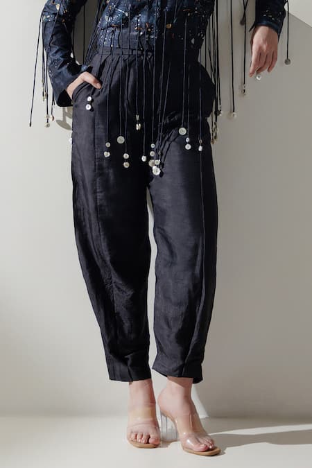 Shop Kavya Singh Kundu Black Silk Leia Handwoven Mulberry Trouser at Aza Fashions Shop_Kavya Singh Kundu_Black Silk Leia Handwoven Mulberry Trouser _at_Aza_Fashions