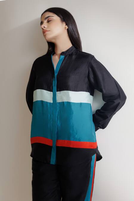 Shop Kavya Singh Kundu Black Beads Ceres Handwoven Mulberry Silk Shirt With Trouser Online at Aza Fashions Shop_Kavya Singh Kundu_Black Beads Ceres Handwoven Mulberry Silk Shirt With Trouser _Online_at_Aza_Fashions