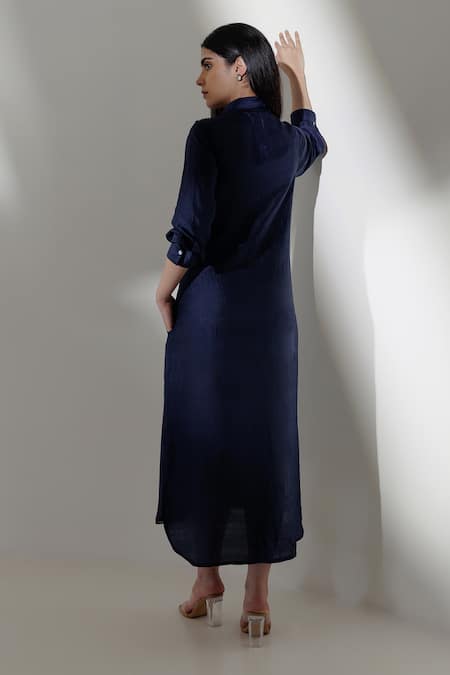 Shop Kavya Singh Kundu Blue Silk Beads Collared Maia Handwoven Mulberry Dress at Aza Fashions Shop_Kavya Singh Kundu_Blue Silk Beads Collared Maia Handwoven Mulberry Dress _at_Aza_Fashions