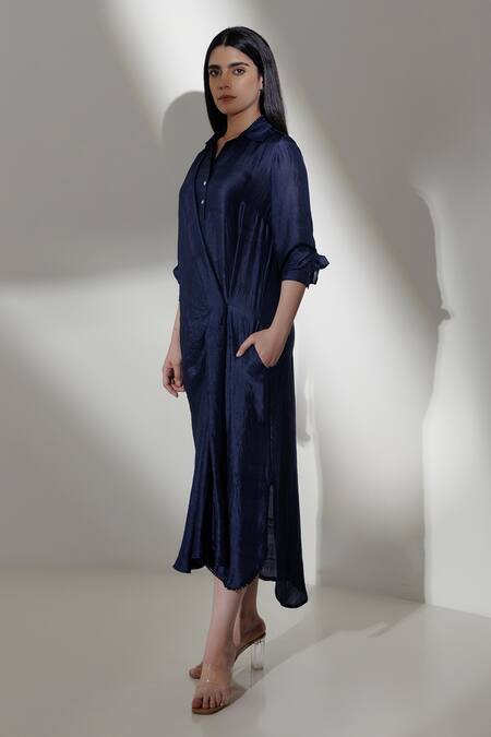 Kavya Singh Kundu Blue Silk Beads Collared Maia Handwoven Mulberry Dress Online at Aza Fashions Kavya Singh Kundu_Blue Silk Beads Collared Maia Handwoven Mulberry Dress _Online_at_Aza_Fashions