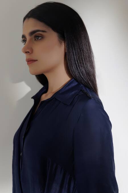 Buy Kavya Singh Kundu Blue Silk Beads Collared Maia Handwoven Mulberry Dress Online at Aza Fashions Buy_Kavya Singh Kundu_Blue Silk Beads Collared Maia Handwoven Mulberry Dress _Online_at_Aza_Fashions