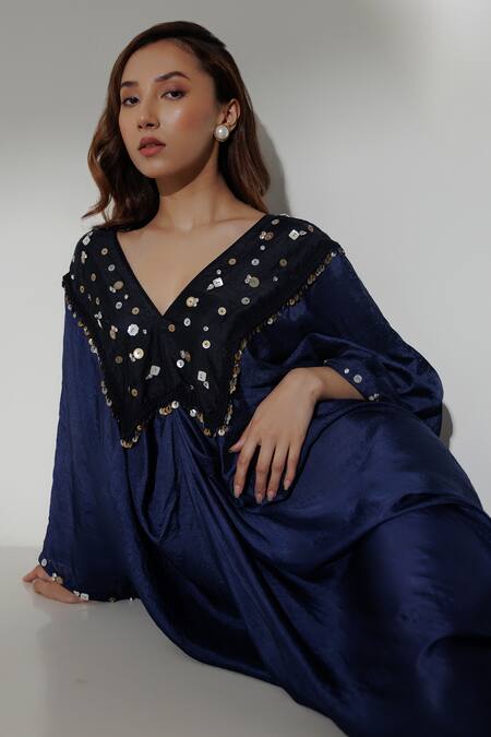 Kavya Singh Kundu Blue Handloom Cotton Sequins V-neck Talia Handwoven Mulberry Silk Kaftan Online at Aza Fashions Kavya Singh Kundu_Blue Handloom Cotton Sequins V-neck Talia Handwoven Mulberry Silk Kaftan _Online_at_Aza_Fashions