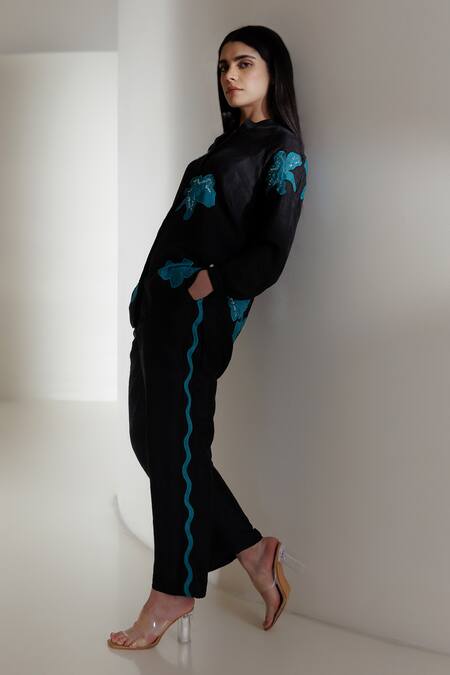 Buy Kavya Singh Kundu Black Applique V-neck Cyrus Handwoven Mulberry Silk Shirt With Trouser Online at Aza Fashions Buy_Kavya Singh Kundu_Black Applique V-neck Cyrus Handwoven Mulberry Silk Shirt With Trouser _Online_at_Aza_Fashions