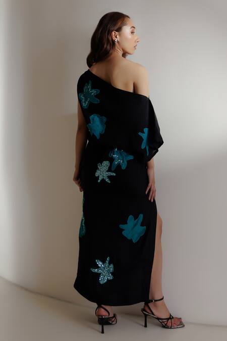 Shop Kavya Singh Kundu Black Silk Applique Asymmetric Celine Handwoven Mulberry Dress at Aza Fashions Shop_Kavya Singh Kundu_Black Silk Applique Asymmetric Celine Handwoven Mulberry Dress _at_Aza_Fashions