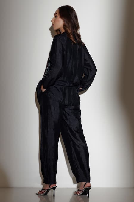 Shop_Kavya Singh Kundu_Black Silk Sequins V-neck Zeke Hand Embroidered Shirt With Trouser _at_Aza_Fashions