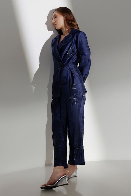 Kavya Singh Kundu Blue Handloom Cotton Sequins Portia Handwoven Mulberry Silk Blazer With Trouser Online at Aza Fashions Kavya Singh Kundu_Blue Handloom Cotton Sequins Portia Handwoven Mulberry Silk Blazer With Trouser _Online_at_Aza_Fashions